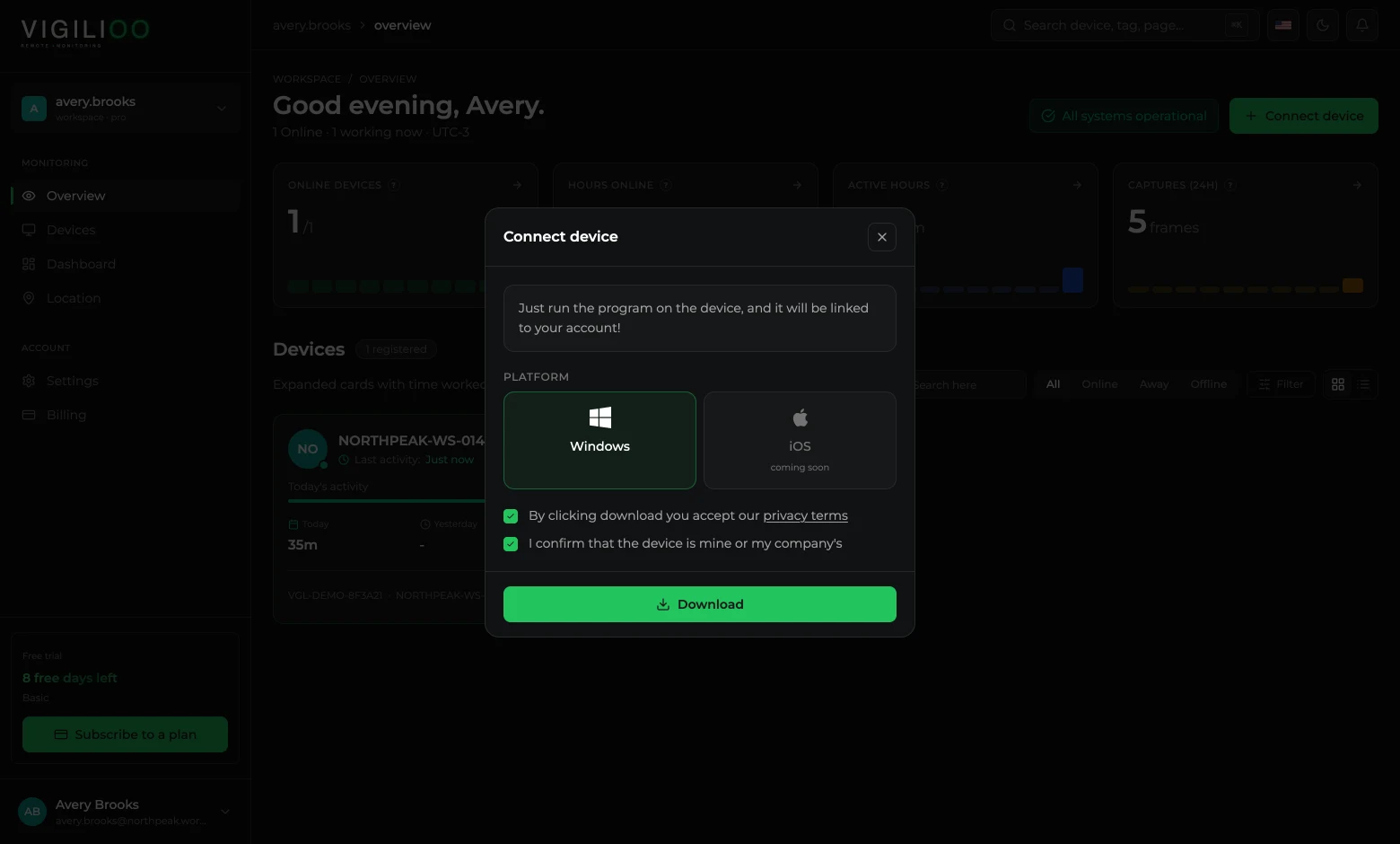Connect device dialog with Windows selected and both confirmations checked
