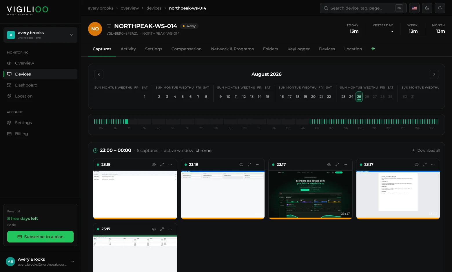 Captures tab with calendar, day timeline and image thumbnails