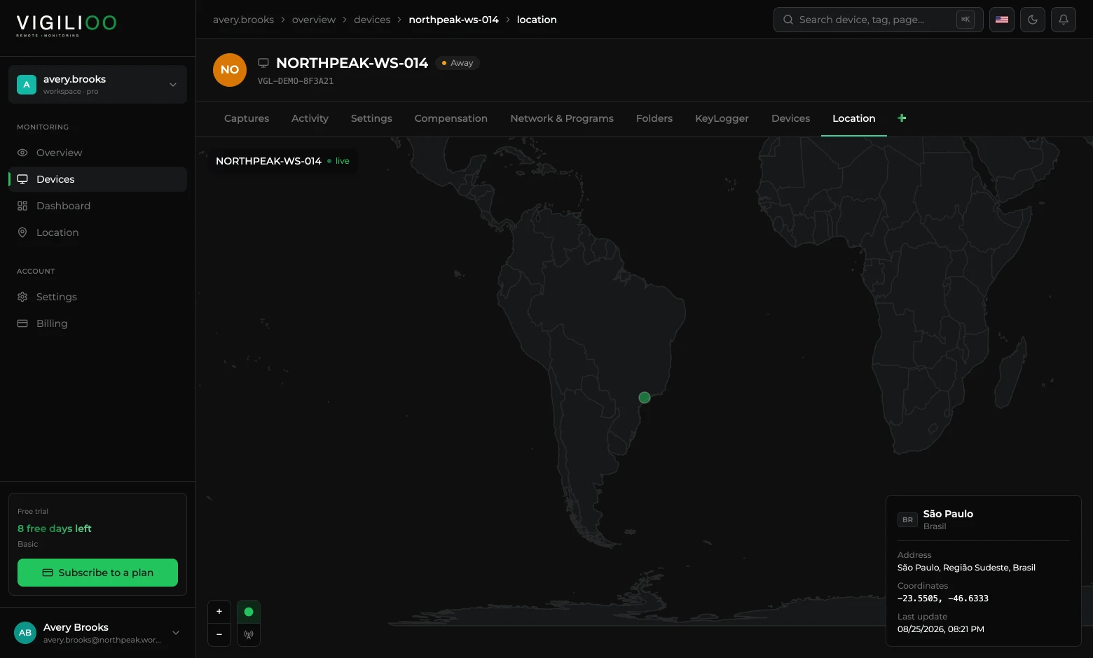 Location tab with map, approximate address and device coordinates