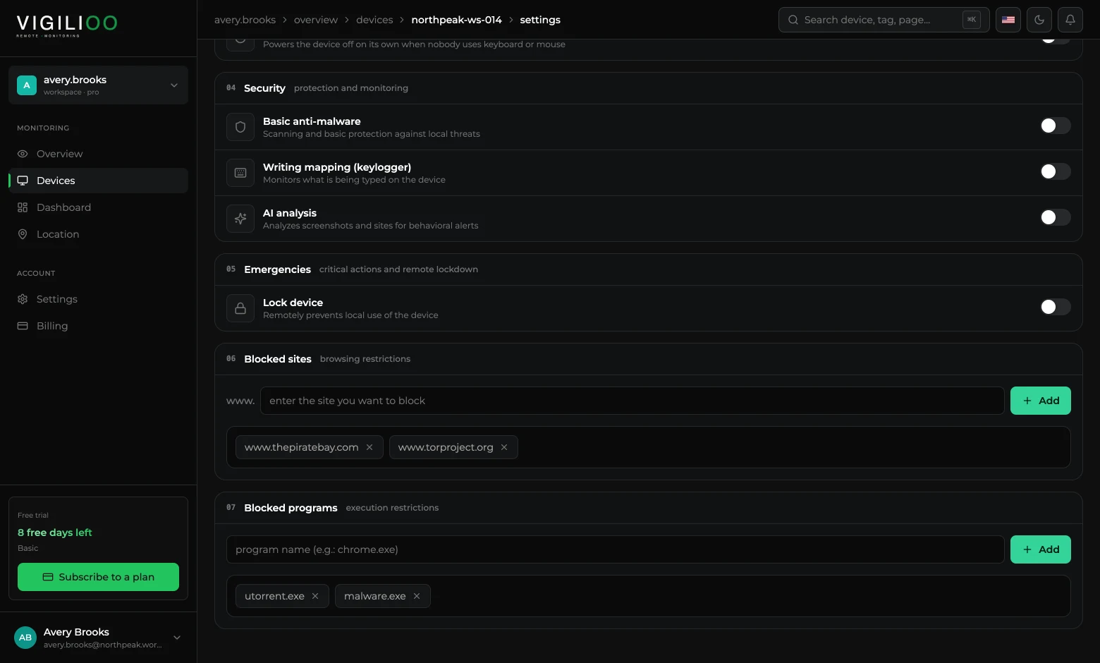 Blocked sites and blocked programs lists with registered tags