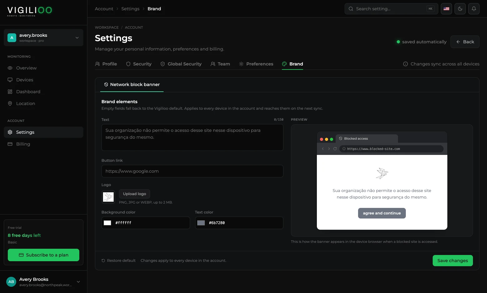 Brand tab with text, logo and colour fields, and a preview of the block notice