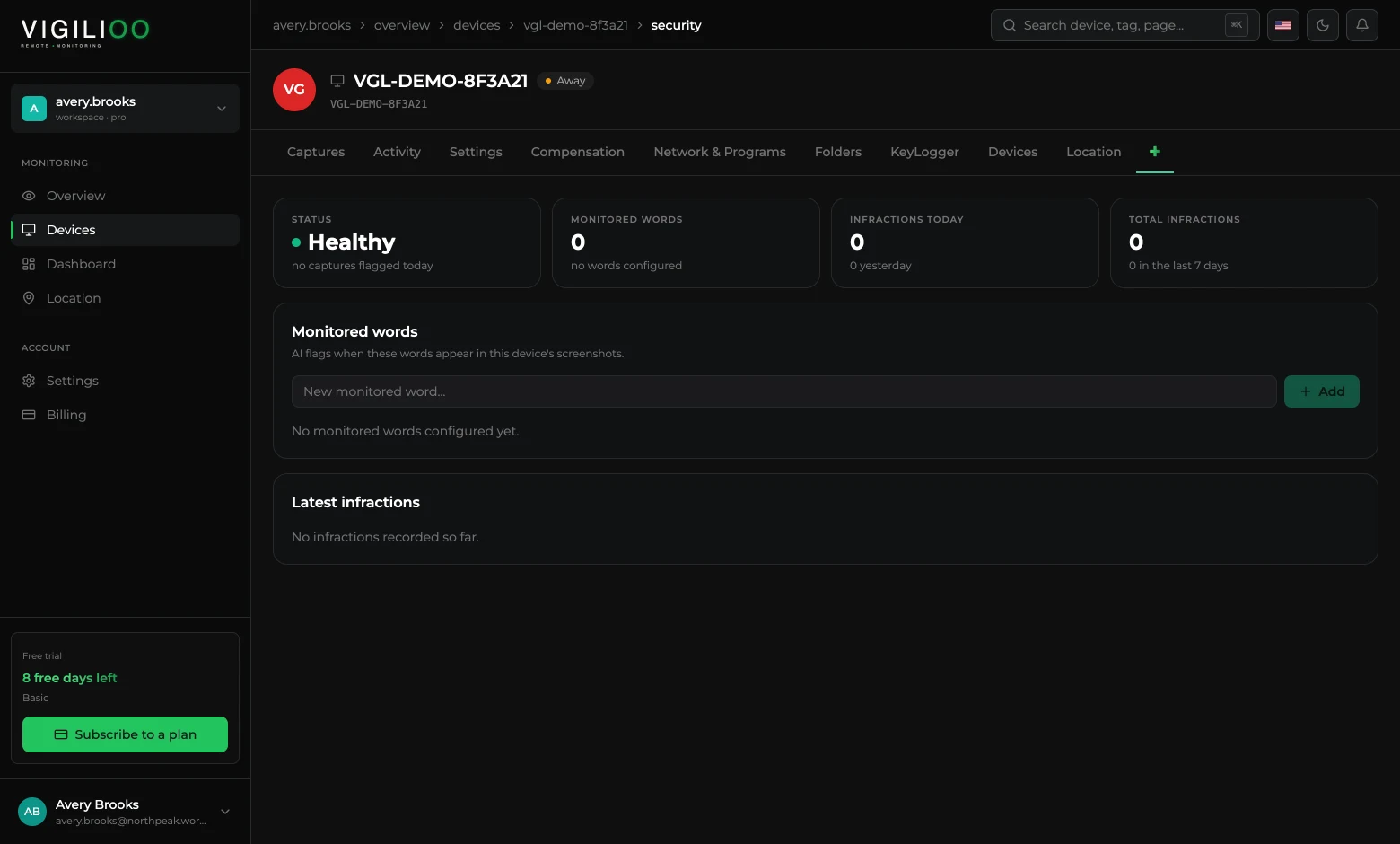 Device security tab with status, monitored words and infractions